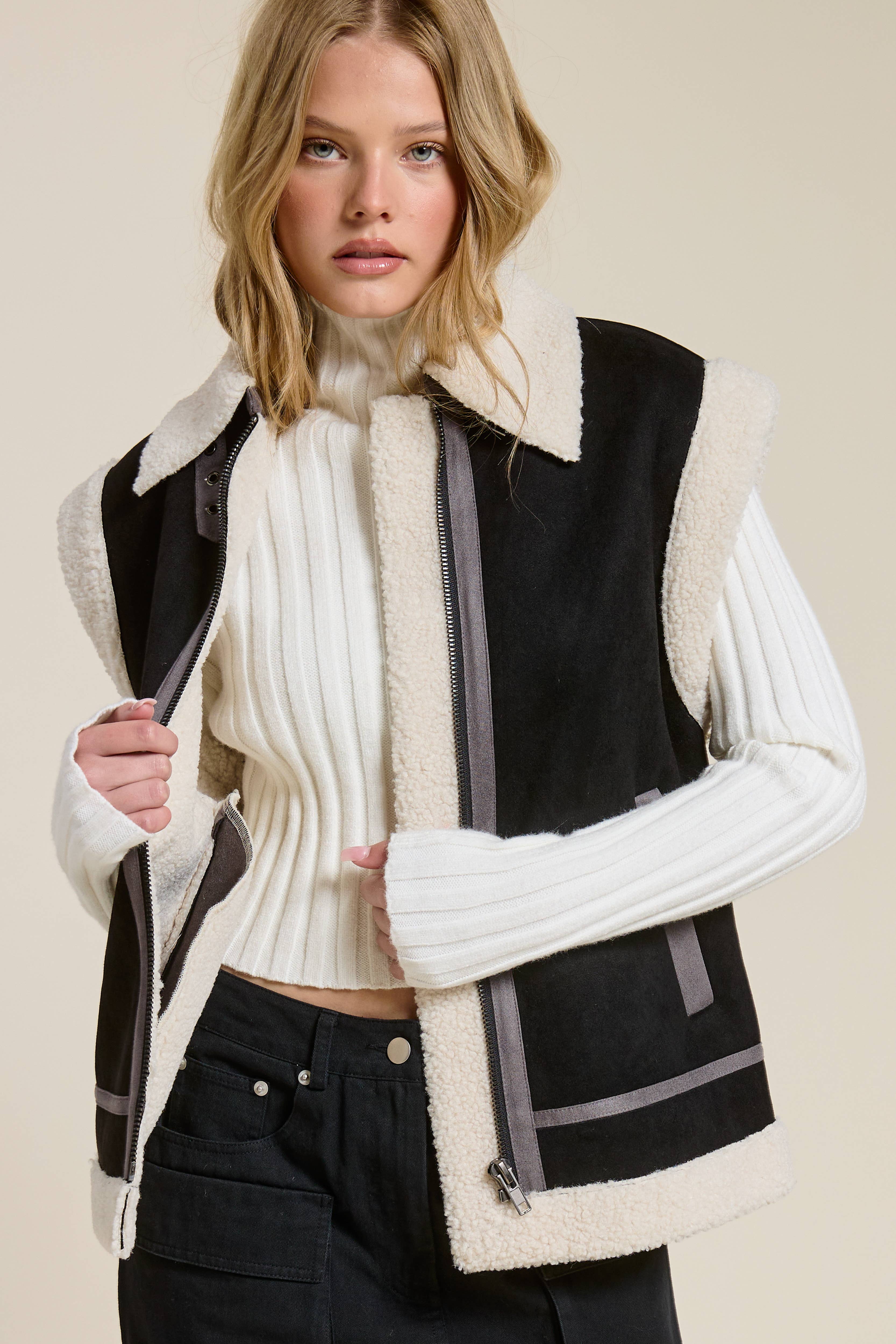 Mimosa - Wholesale Outerwear Vest - Women's - Faux Suede Shearling Vest Jacket8