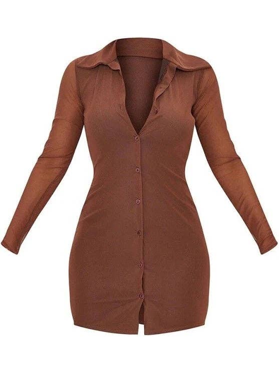 Brown Women's Ladies Chocolate Mesh Button Down Shirt Dress / Top for wholesale on Faire