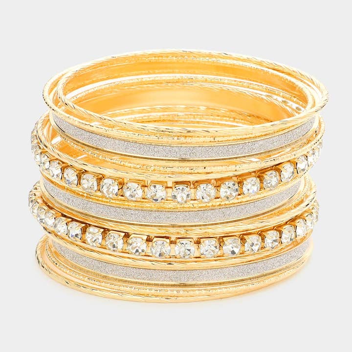 15PCS - Stackable Stone Embellished Metal Bangle Bracelets for wholesale by Sensibling Corp.