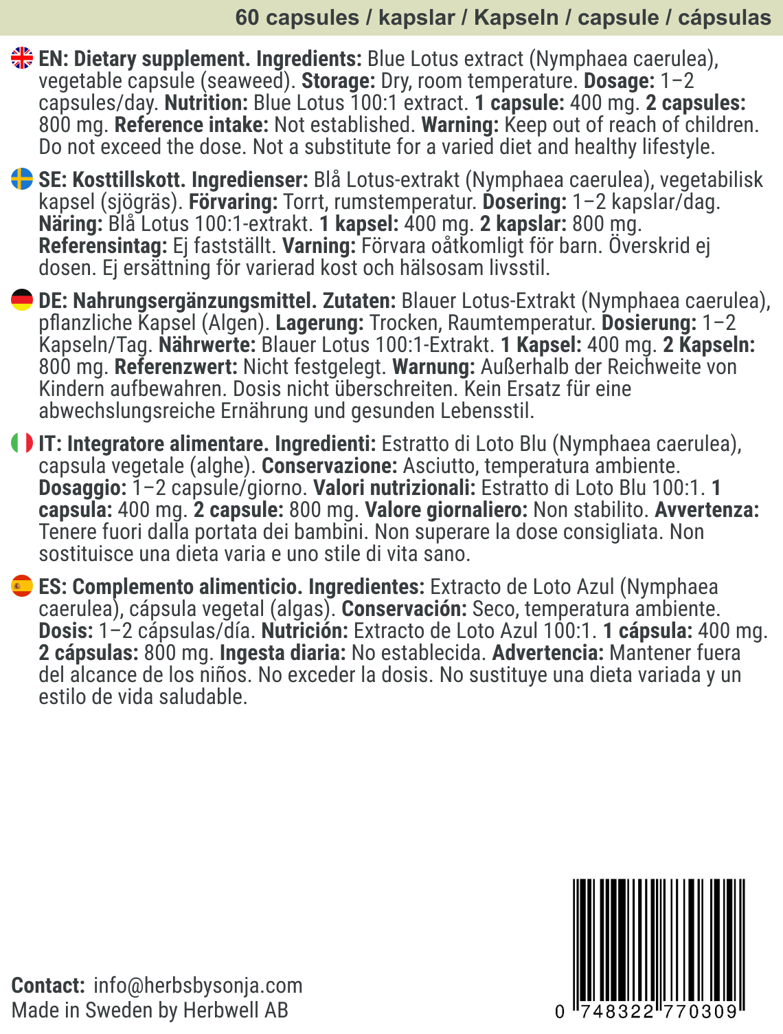 Herbs By Sonja - Natural health supplements - Venta al por mayor Suplementos/vitaminas para beber - Blue Lotus 400 mg para tiendas enfocadas en bienestar a base de plantas2