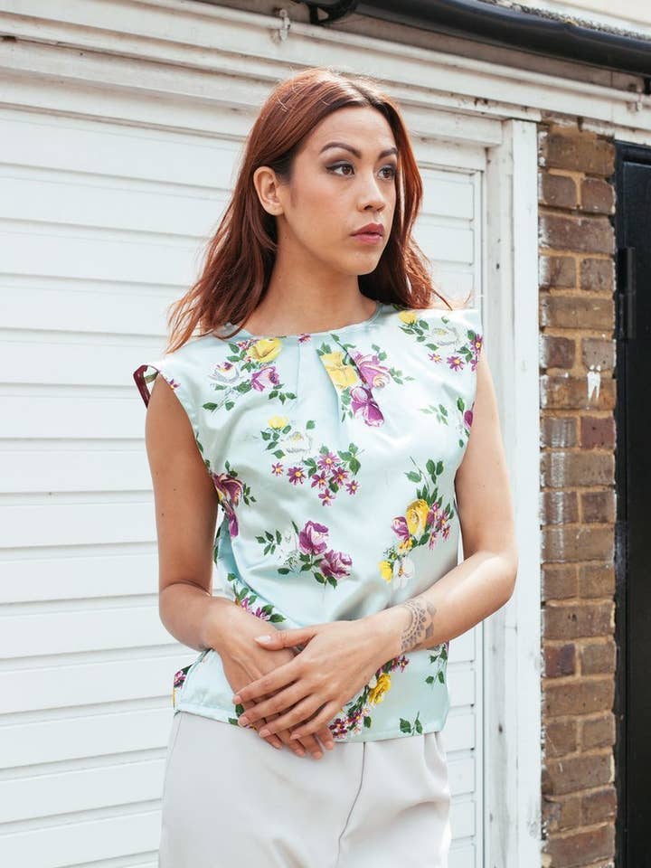 River - Pleated Cap Sleeve Top for women, blue for wholesale by Madia & Matilda