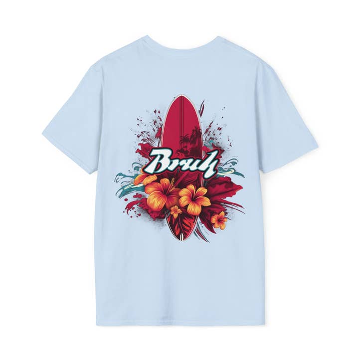 Unique Bruh Surf Shirt with Front Logo & Back Art for wholesale by Quixotic Caverns Trading Company