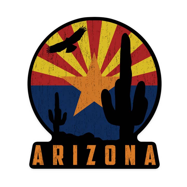 Vinilo adhesivo Arizona, cactus y bandera del estado, insignia para venta al por mayor de Lantern Press