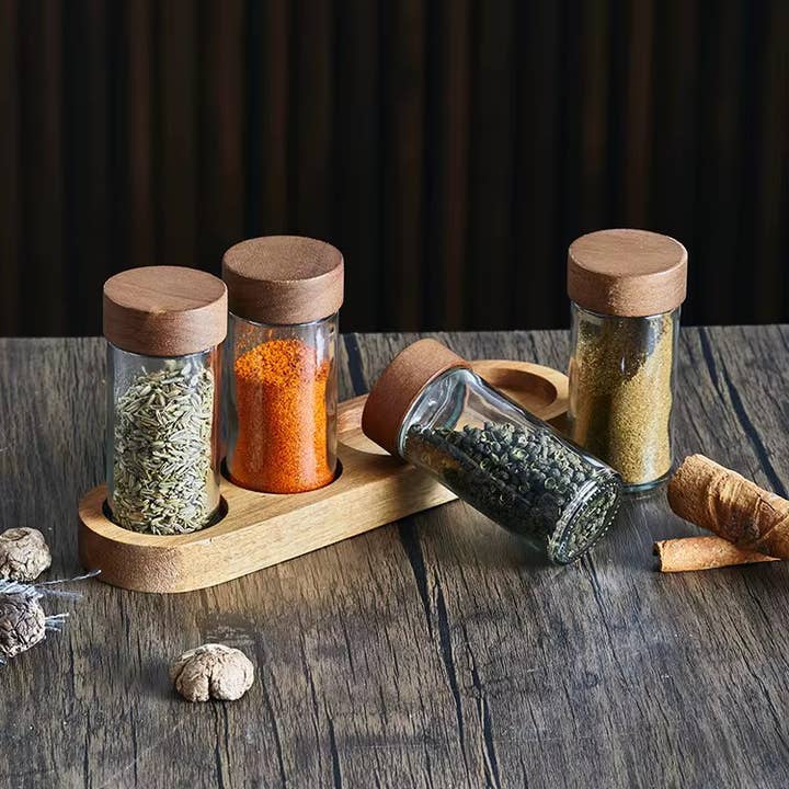 ALETA FARMS - Wholesale Spice Rack - Grindstone, Acacia Wood 4-Slot Spice Jar Organizer and Tray5