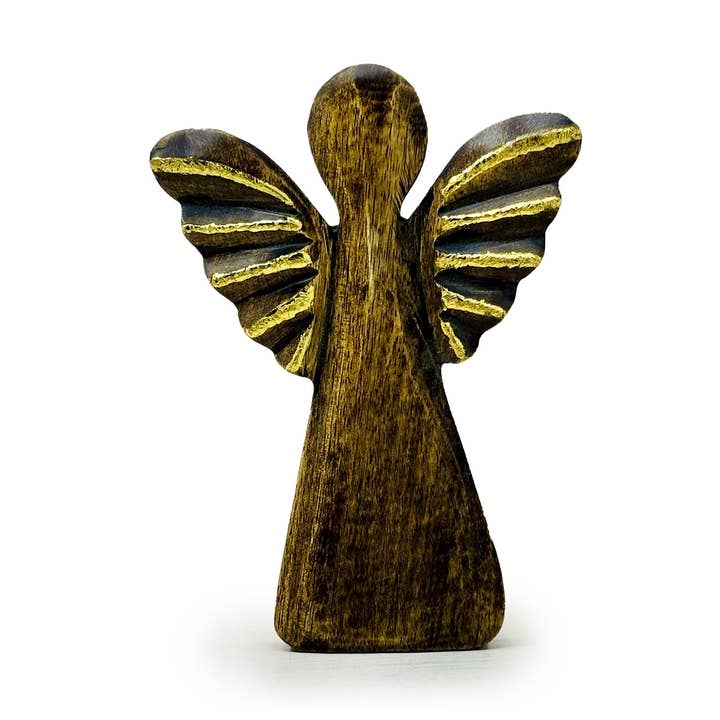 6x Mango Wood Angel Med - Gold Decor - 16cm for wholesale by AWGifts Europe