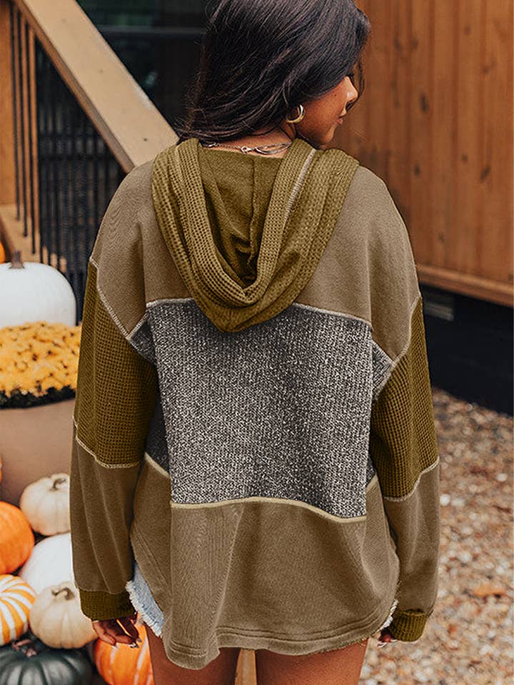 Jungle Green Mixed Texture Patchwork Exposed Seam Half Button Pullover Hooded Sweatshirt for wholesale on Faire1