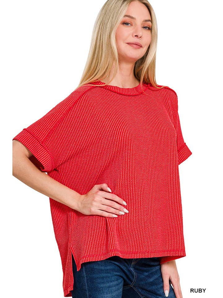 42POPS – wholesale Stickad topp - Dam – .Corded Rib Kortärmad Topp med Rå Kant20