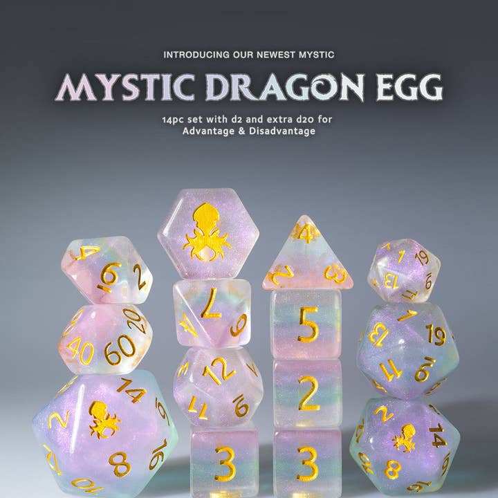 Mystic Dragon Egg 14pc Dice Set Inked in Gold for wholesale by Kraken Dice