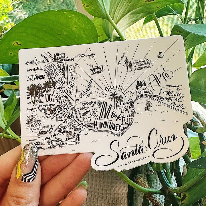 Adhesivo con mapa de Santa Cruz, California | Troquelado de 4 pulgadas para venta al por mayor de Traveling Calligrapher