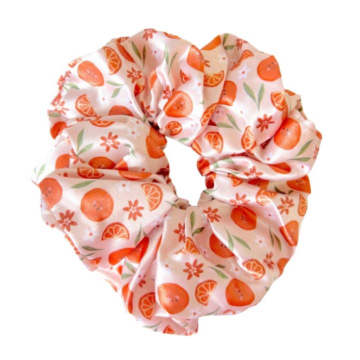 SMILEY ORANGES - Chouchou en soie imprimé pour la vente par Beyond Scrunchies