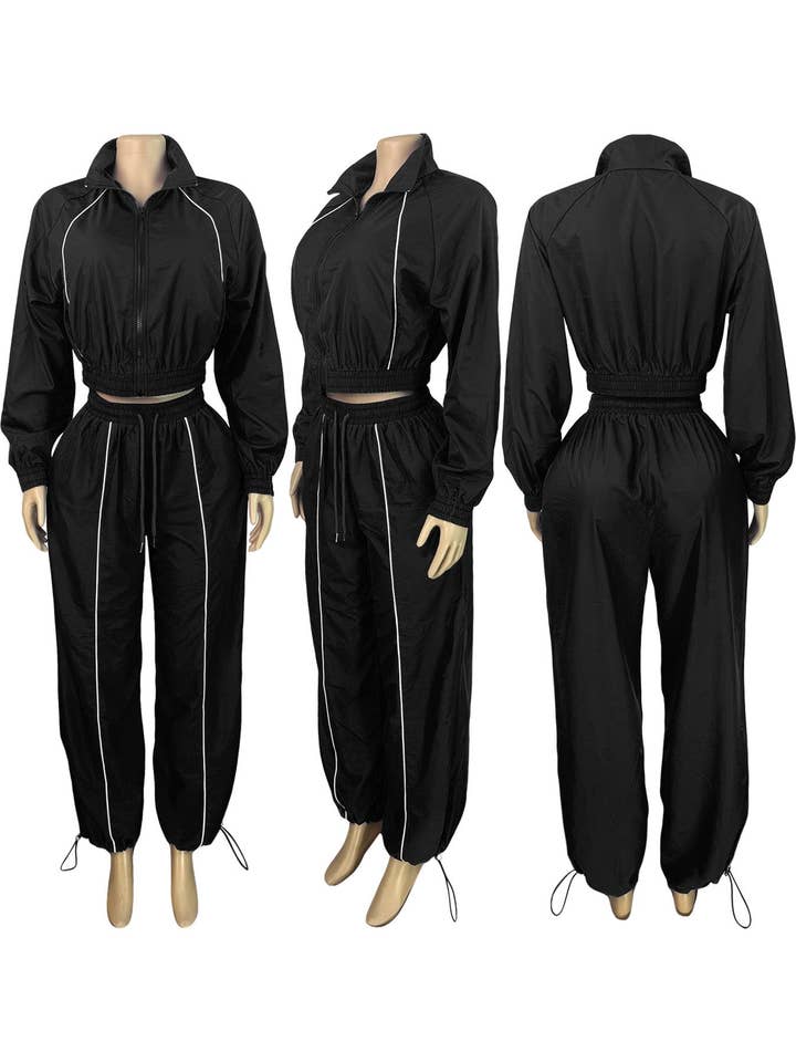 MB Fashion Wholesale - Wholesale Top & Pant Set (NOT Loungewear) - Women's - MB FASHION Two-Piece Windbreaker Zip-Up Set with Drawstring Details 50523