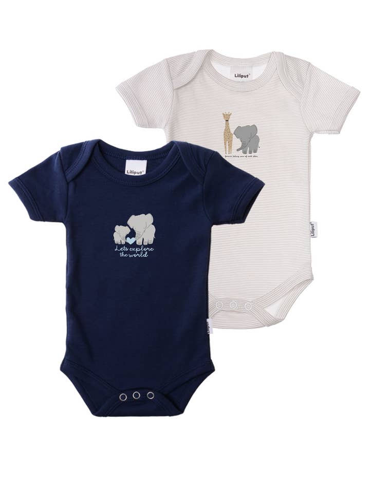 2-pack short-sleeve V-neck bodysuits in navy and gray striped with "Elephants" print for wholesale by Liliput
