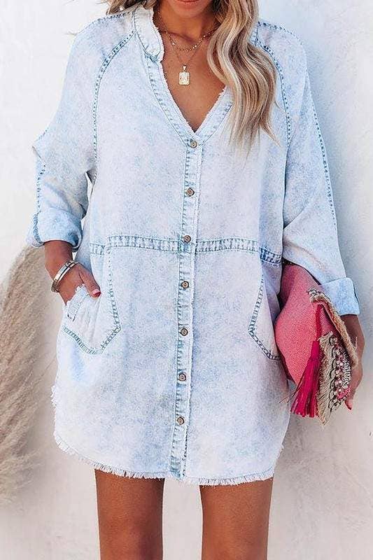 LIGHT DENIM pocketed chambray button down tunic for wholesale on Faire1