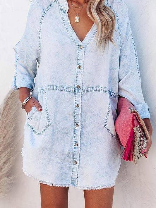 LIGHT DENIM pocketed chambray button down tunic for wholesale on Faire1