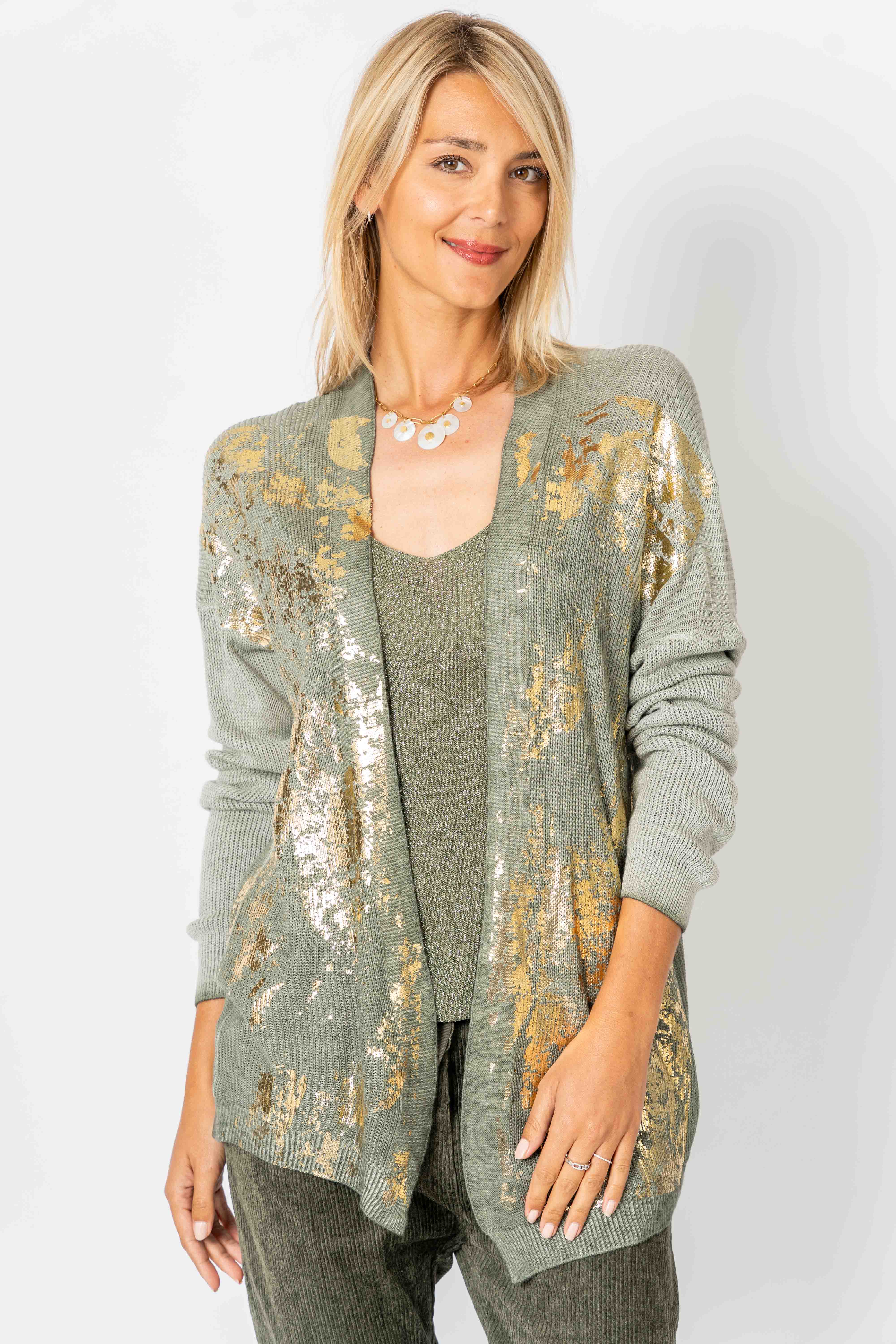 Look Mode Usa - Vente Cardigan – femme - Cardigan en maille doré scintillant9