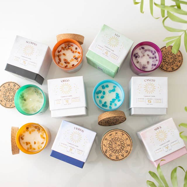 Juego de 12 velas de cristal con piedras preciosas del zodíaco para venta al por mayor de Something Different Wholesale