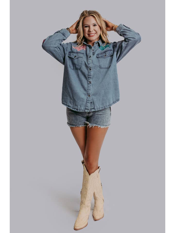 Denim MK522 Giddy Up Broderi Denimskjorta för wholesale på Faire