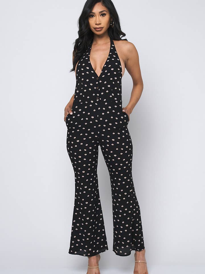 Black Flowers Print Halter V-Neck Open Back Jumpsuit Pockets for wholesale by lasalle fashion llc