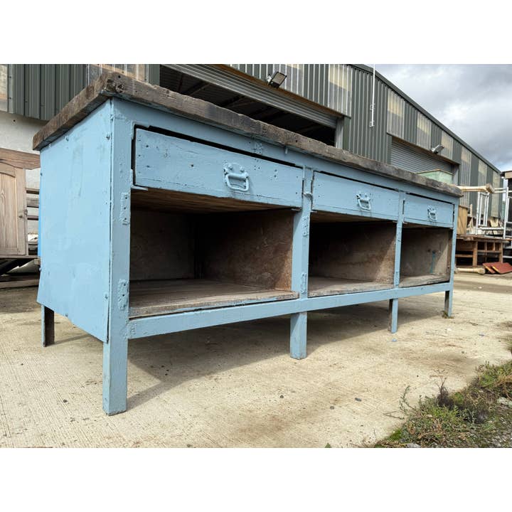 Vintage Large Blue Grey Workbench Kitchen Island for wholesale by belvoir