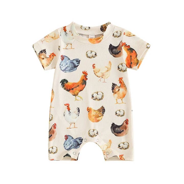 apricot 0-18M Baby Roosters Print Short Sleeve Jumpsuit Wholesale Baby Clothes V3824042919501 for wholesale on Faire