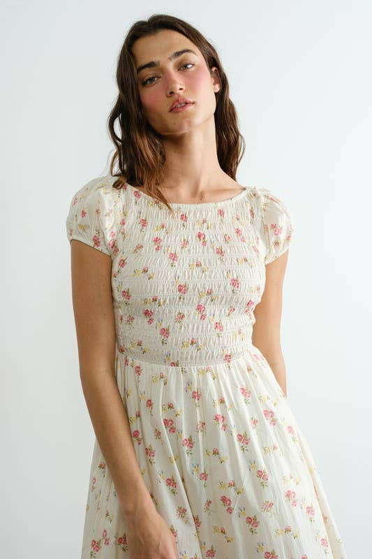 Cream MD2220 Floral Smocked Top Piecing Maxi Dress
 for wholesale on Faire9