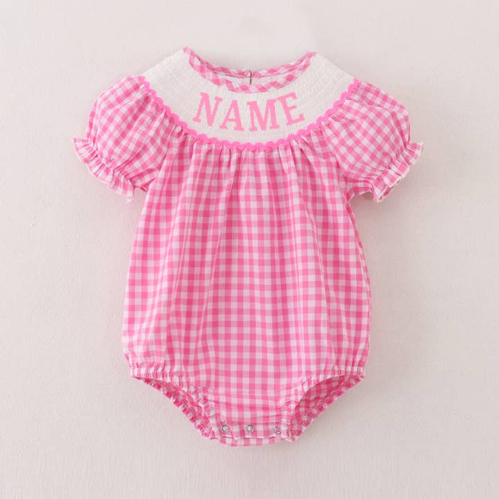 Girls Summer Pink Plaid Custom Name Embroidery Romper for wholesale by Auraquise
