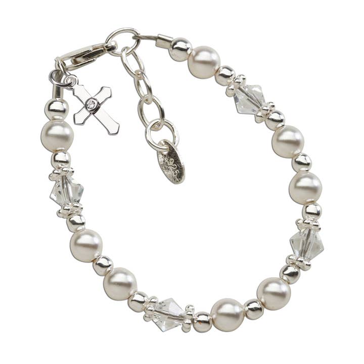 Cherished Moments - Wholesale Charm/Dangle Bracelet - Silver Pearl Cross Bracelet or Baptism or Christening Gift