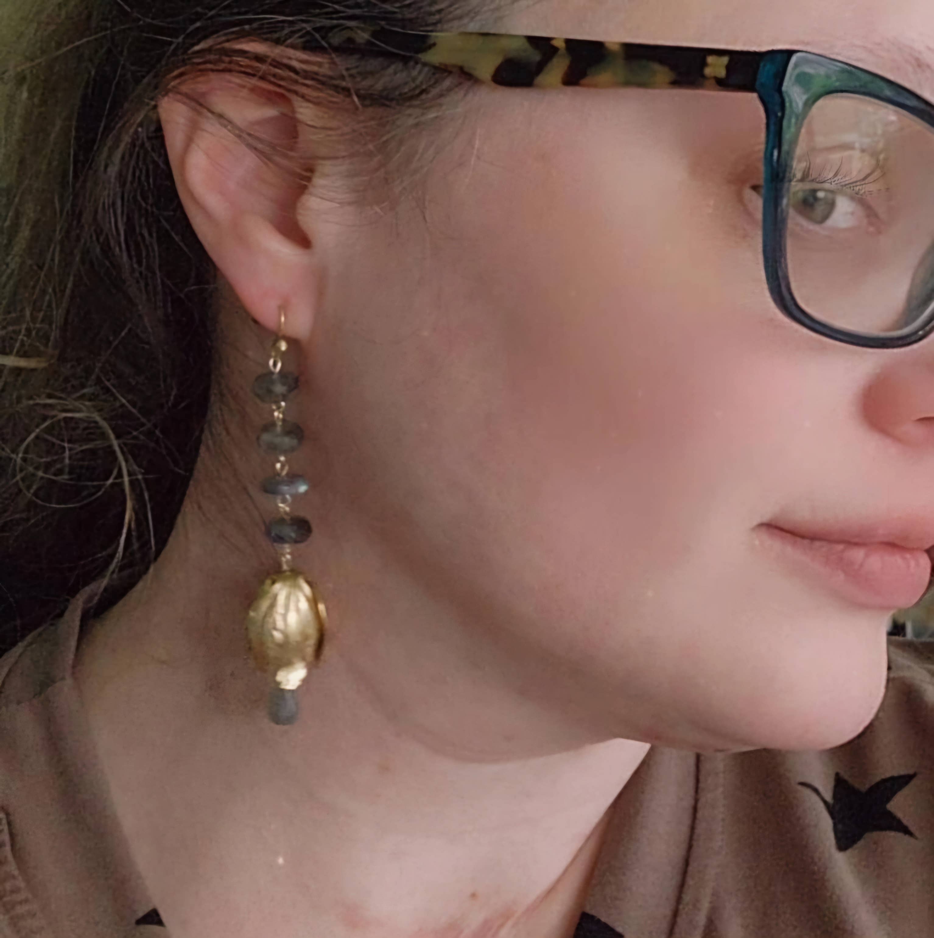 Sara Sela Jewelry - Wholesale Dangle Earrings - Faceted Labradorite and Textured Brass Tulip Dangle Earrings4