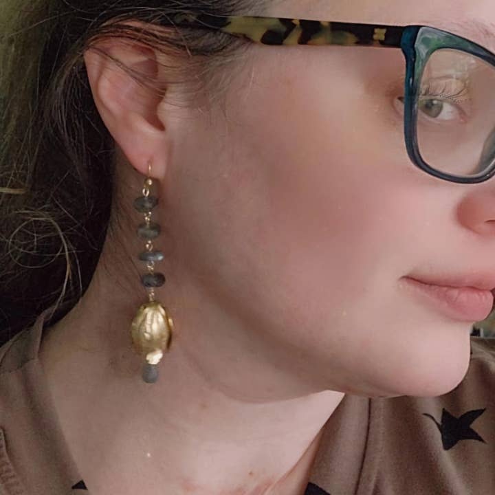 Sara Sela Jewelry - Wholesale Dangle Earrings - Faceted Labradorite and Textured Brass Tulip Dangle Earrings4