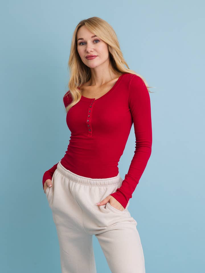 Leto Accessories - Wholesale Tops Set - Women's - Cotton Long Sleeve Ribbed Henley Top with Buttons6