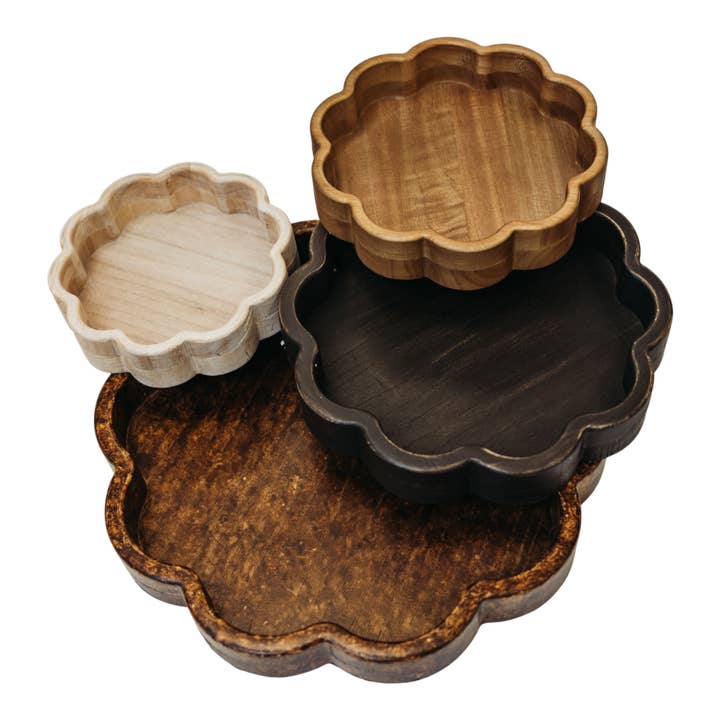 T123 Wooden Scalloped Trays - (Set of 4) 15.75" x 15" x 1.75", 11.75" x 11.5" x 1.75", 9.5" x 9" x 1.75" & 7.75" x 7.5" x 1.75" PK 2 for wholesale by Myrians Home Decor