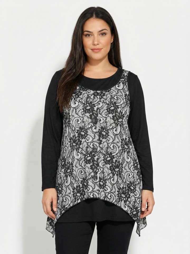 Sæt top med sort print + undertrøje i store størrelser (A257) for engroshandel hos Pomme Rouge Paris