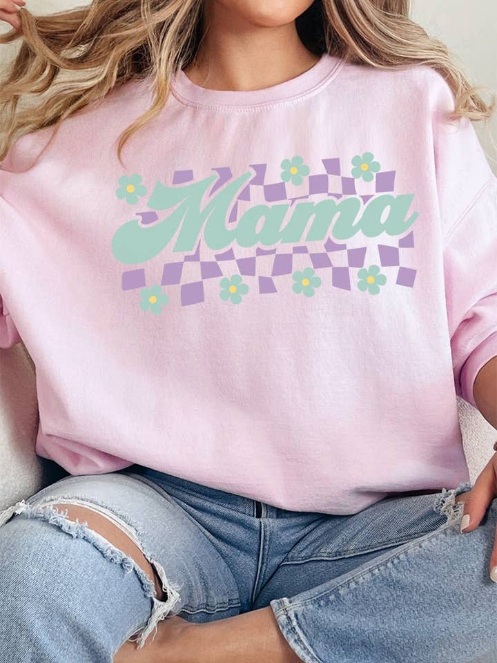 Teal Checkered Daisy Mama Unisex NuBlend Crew Sweatshirt for wholesale by Wholesale Accessory Market