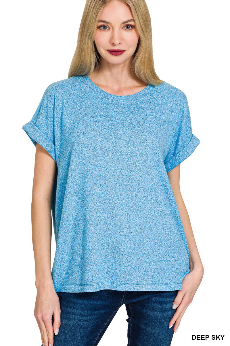 42POPS - Wholesale Knit Top - Women's - `.Soft Melange Folded Sleeve Round Neck Top11