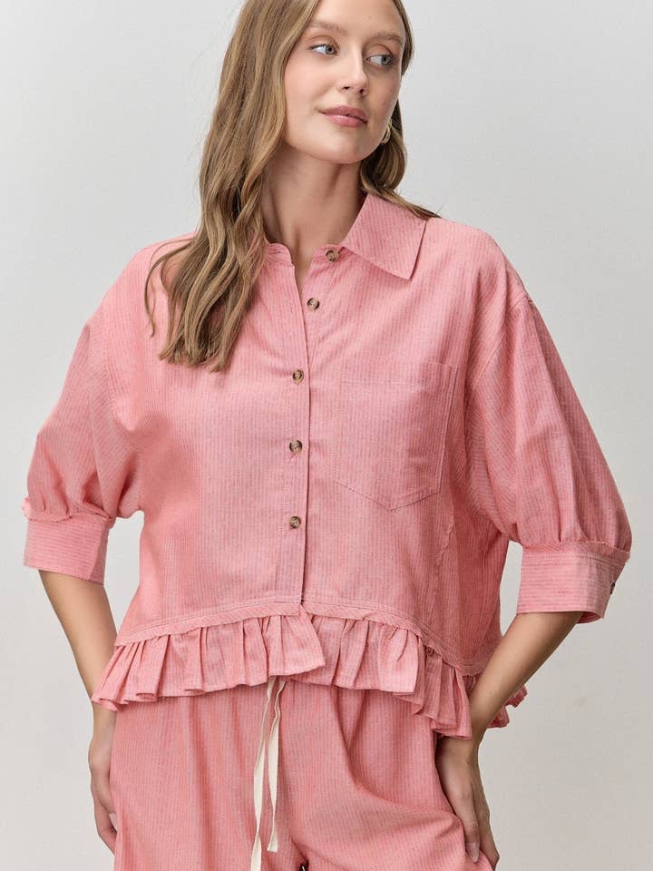 Bohemian Pinstripe Short Sleeve Collared Top for wholesale by Polagram by Wellmade USA