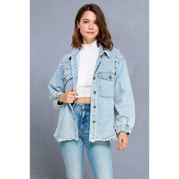 Pearl and Rhinestone Denim Shacket for wholesale by Veveret