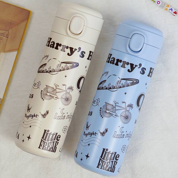 Blue Thermo Flask Vacuum Mug with HS Songs Playlist Design for wholesale by To Be So Styles