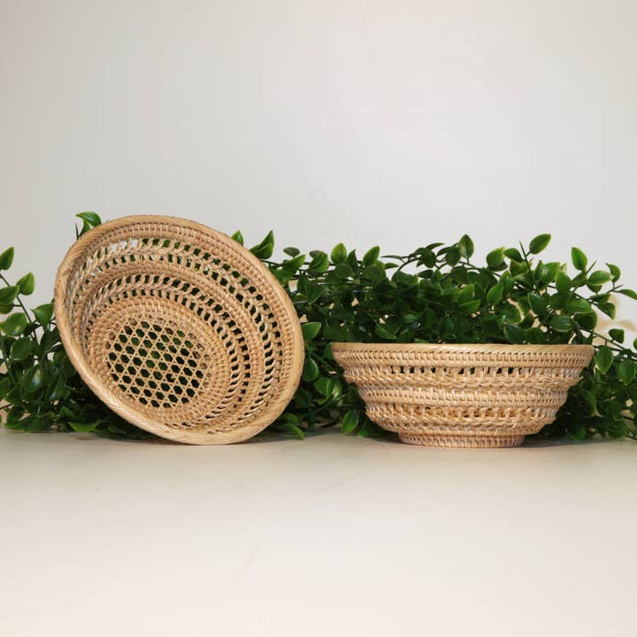 Petite round rattan mesh caning tray dish for wholesale by Baskets of Cambodia
