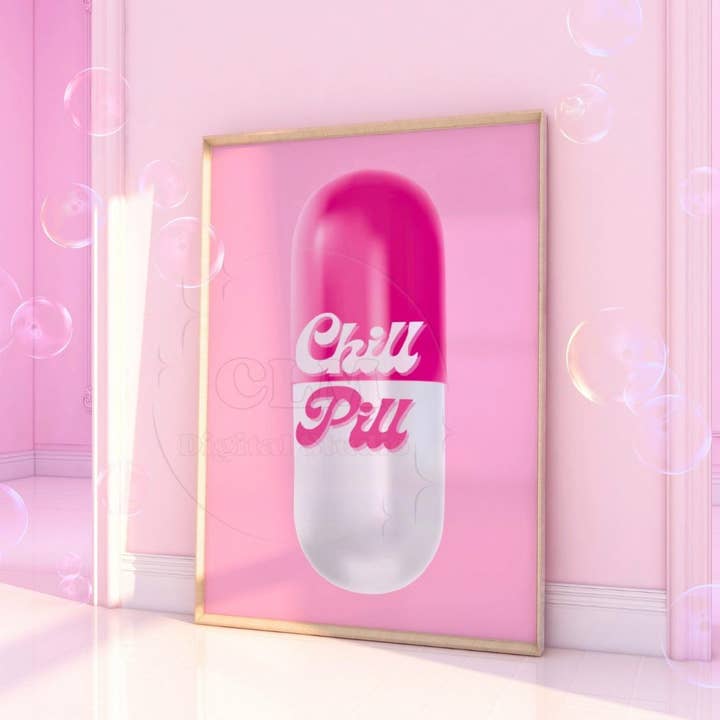 Chill Pill Capsule Wall Art Hot Pink Prints for wholesale by CLM Creative Studio