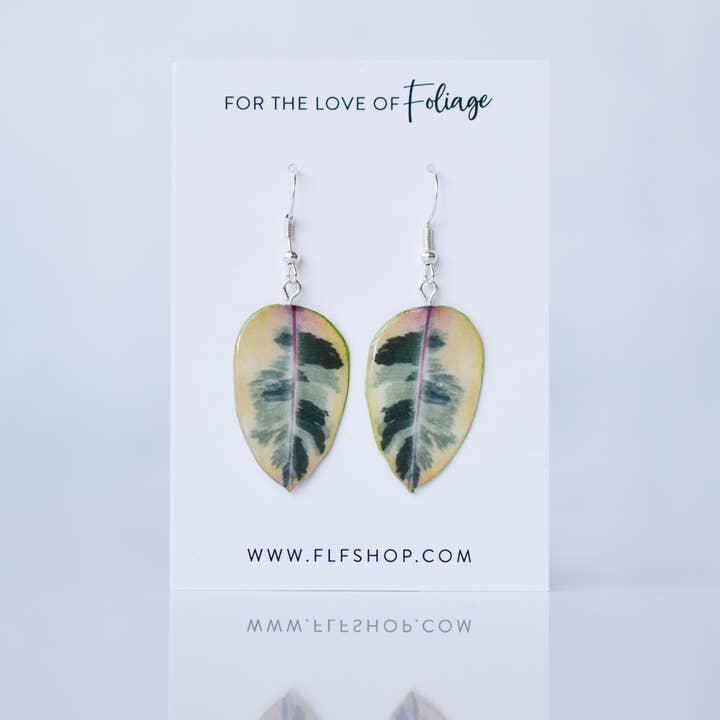 For the Love of Foliage - Wholesale Dangle Earrings - Ficus Tineke Plant Earrings | Leaf Earrings