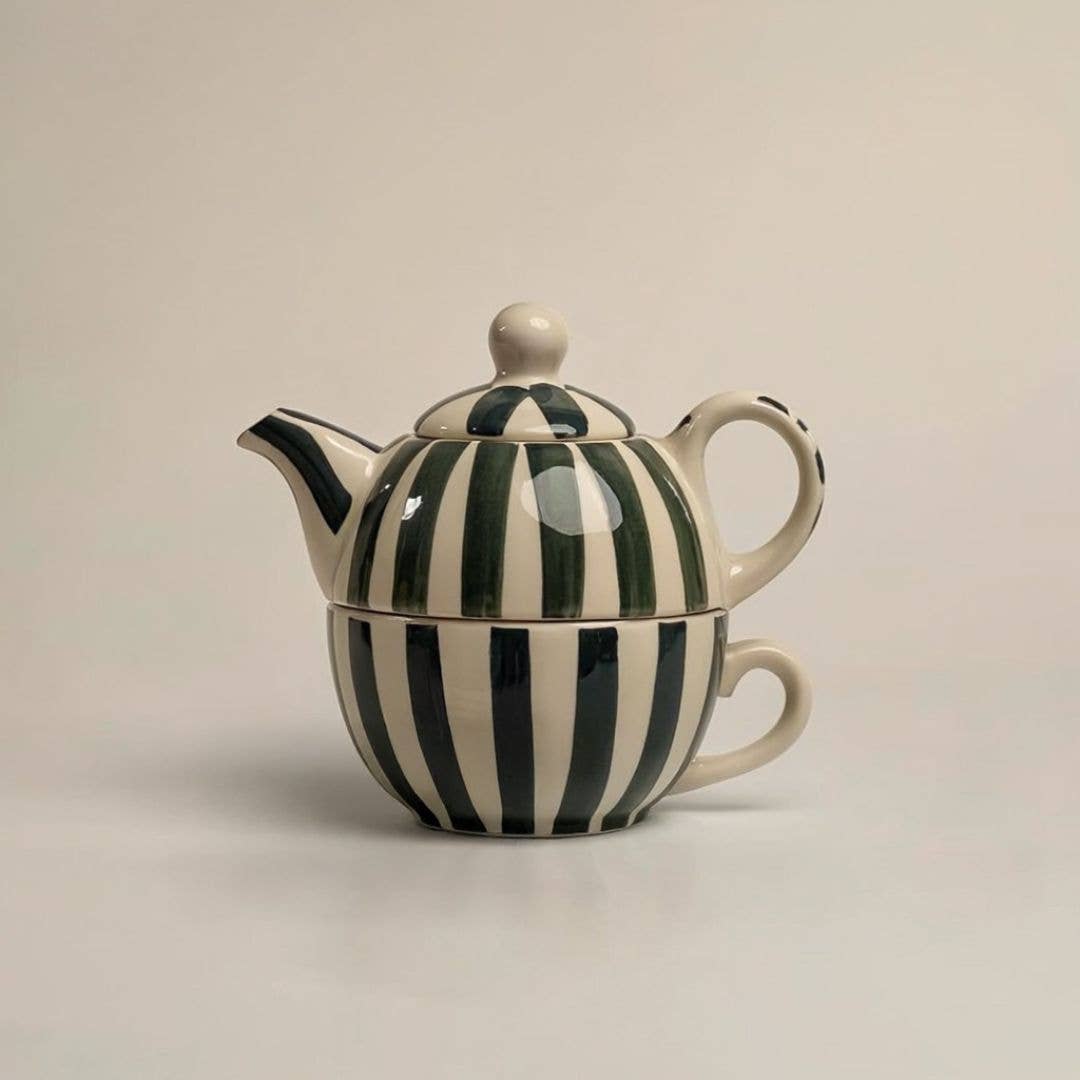 Casa Amarosa - Wholesale Tea Set - Striped Kettle & Cup Set - Teal , 8 Inches1