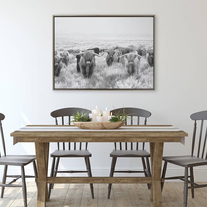 Sylvie Herd of Highland Cows Black and White Framed Canvas by The Creative Bunch Studio for wholesale by Kate and Laurel