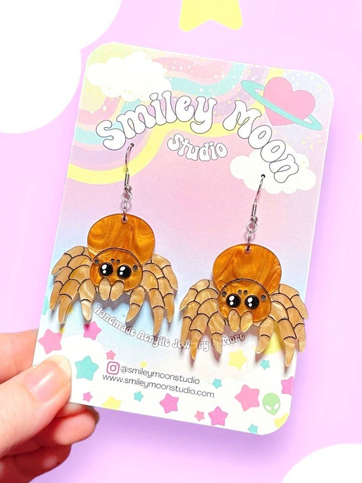 Jumping Spider Earrings for wholesale by Smiley Moon Studio