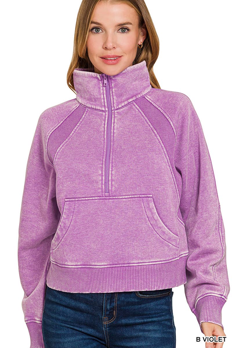 Vanilla Monkey – Sweatshirt - Mulher por atacado – Pulôver de lã com meio zíper lavado com ácido e bolso canguru0