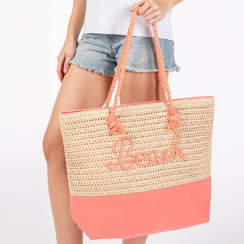 Sensibling Corp. – Engroshandel Strandtaske – Strandtaske med broderet BEACH-budskab, hæklet med tov-håndtag4