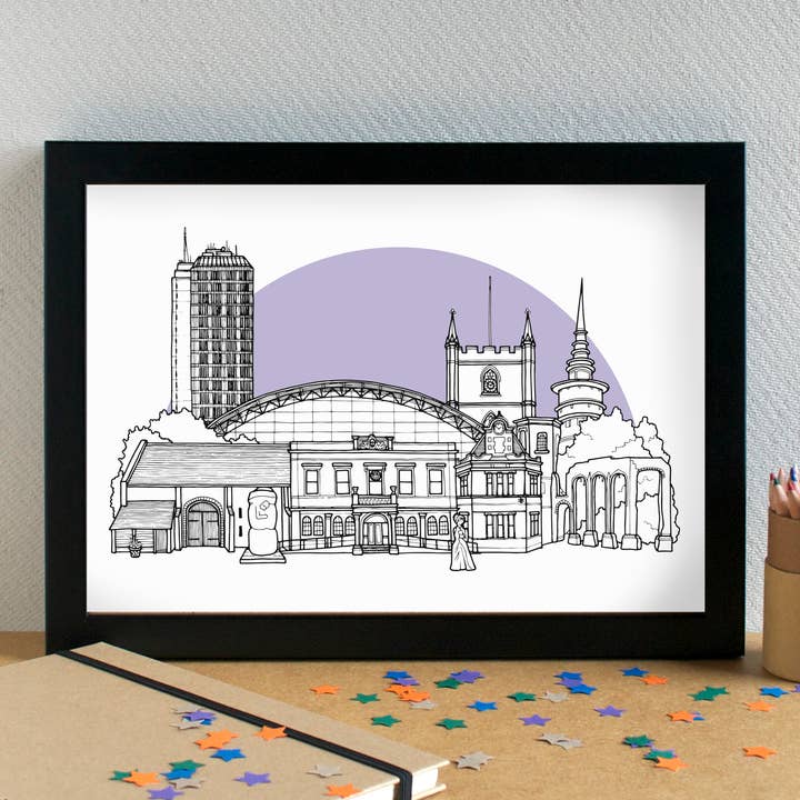 Basingstoke Skyline Landmarks Art Print - unframed for wholesale by Becka Griffin Illustration