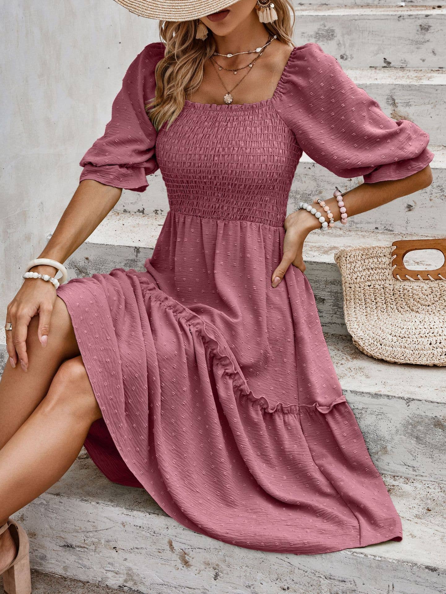 eLook – Großhandel Kleid – Damen – SZ1-DR6227 Swiss Dots Gemustertes Midikleid mit halben Ärmeln5