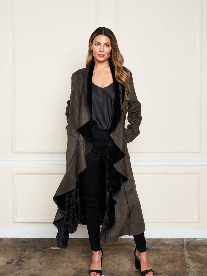 Olive HJ-9358 Faux Suede & Faux Shearling Lined Duster for wholesale on Faire1