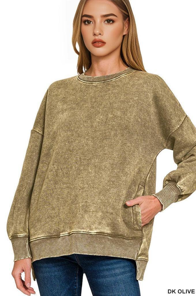 42POPS – Sweatshirt - Mulher por atacado – Pulôver de Fleece com Lavagem Ácida e Bainha Assimétrica com Bolsos SI-249806