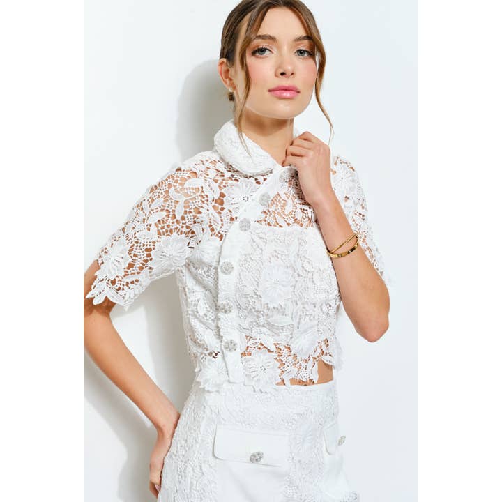 INA - Wholesale Blouse - Women's - Short Sleeve Floral Lace Overlay Crop Top